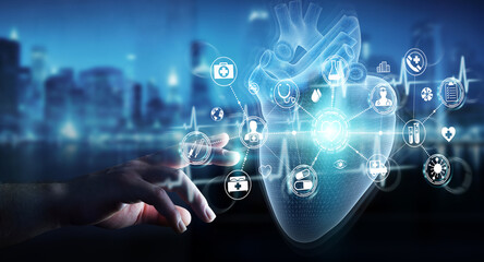Fototapete - Man hand using digital x-ray of human heart holographic scan projection 3D rendering