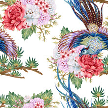 Hand Painting Seamless Background Pattern Inspired By Chinese Korean And Japan Kimono Pheonix Or Pheasant Flower Blossom Botanical Watercolor