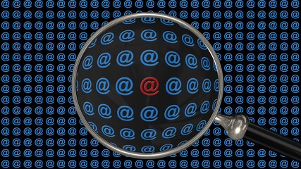 Poster - Red @ sign shown in a magnifying glass in front of a black screen filled with blue @ signs - 3D illustration