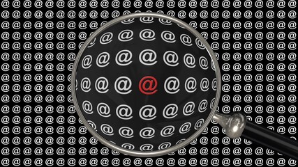 Poster - Red @ sign shown in a magnifying glass in front of a black screen filled with white @ signs - 3D illustration