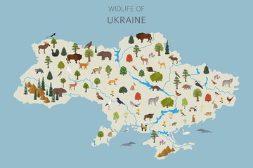 Wall Mural - Flat design of Ukraina wildlife. Animals, birds and plants constructor elements isolated on white set. Build your own geography infographics collection