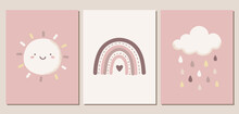 Set Of Weather Themed Vector Illustrations In Blush Pink Colors. Cute Sun, Cloud, Raindrops, And Rainbow. For Nursery Decor, Posters, Banners, Greeting Cards, And More.