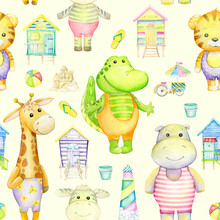 Animals In Cartoon Style, On The Beach. Hippo, Zebra, Tiger, Giraffe, Crocodile, Lighthouse, Beach House, Ice Cream Bicycle Cart. Watercolor Seamless Pattern, On An Isolated Background