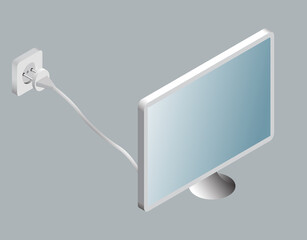 Computer monitor with power socket in isometric style.