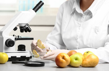 Wall Mural - scientist taking slice of apple at table in laboratory, closeup. poison detection