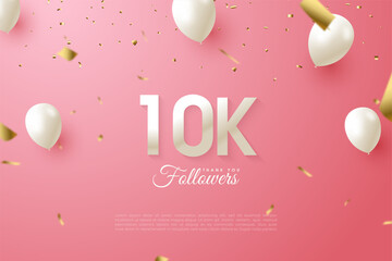 Wall Mural - 10k Followers background with numbers and white balloons on clean pink background.