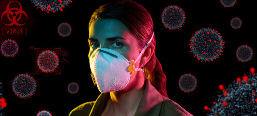Poster - health, safety and pandemic concept - close up of young woman wearing protective mask or respirator over coronavirus virions on black background