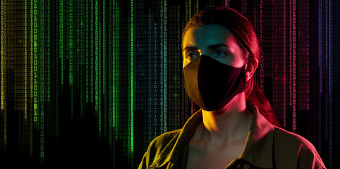 Poster - cybercrime, hacking and technology concept - young female hacker in black mask over binary code numbers on black background