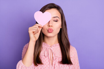 Wall Mural - Portrait of charming lady closed eyes heart postcard invitation kiss wear vintage isolated on violet color background