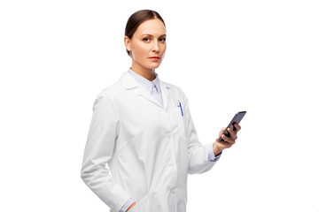 Sticker - medicine, profession and healthcare concept - female doctor with stethoscope using smartphone over white background