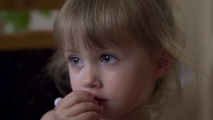 little girl looks at the camera close-up