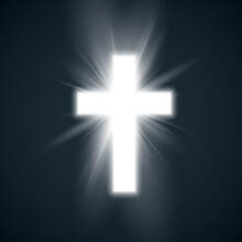 White Cross With Glow Symbol Of Christianity. Holy Cross On Dark Background. Symbol Of Hope And Faith. Vector Illustration