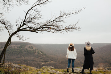 Wall Mural - Full length back view of stylish girls standing on viewpoint and enjoying picturesque landscape.