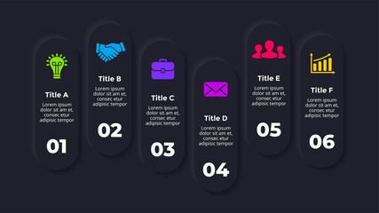Neumorphic Vector Infographic. Presentation slide template. Dark circle banners. 6 steps. Neumorphism ui design. Clean minimal flat style. 