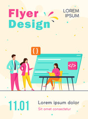 Poster - Programmers coding new program. Laptop, code, development flat vector illustration. Programming and digital technology concept for banner, website design or landing web page