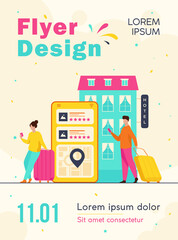 Poster - Happy tourists choosing hotel and booking room online flat vector illustration. People doing search or making choice of hostel and apartments via internet. Trip, vacation and accommodation concept