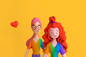 Lesbian couple dressed in rainbow t-shirts. A couple of gay woman stand together. Diversity, tolerance and gender identity concept. 3d illustration on yellow background. 