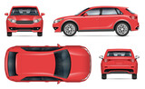 Realistic SUV vector mockup. Isolated template of red car on white background for vehicle branding, corporate identity. View from left, right, front, back, and top sides, easy editing and recolor.