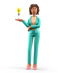 Poster - 3D illustration of creative african american woman with bulb over hand. Cartoon smiling elegant businesswoman generating new good ideas, isolated on white.