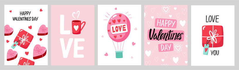 Wall Mural - Valentine`s Day card set with hand draw lettering and cute elements. Cards, posters, brochures. Ideal for Valentine`s Day, wedding and birthday. Vector