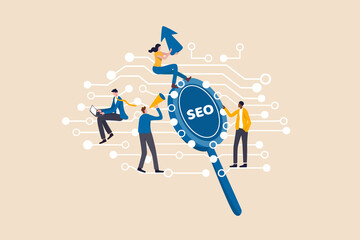 Digital marketing, SEO, Search Engine Optimization or Social media to engage online user concept, young people, advertising agency worker working on internet and digital line with SEO magnifying glass