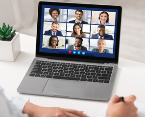 Poster - Laptop Screen With Video Call, Businesswoman Having Virtual Meeting, Closeup
