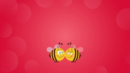 Wall Mural - Bee Cartoon Characters Couple In Love With Flower Heart And Text. 4K Animation Video Motion Graphics With Red Background