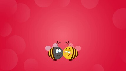 Wall Mural - Bee Cartoon Characters Couple In Love With Flower Heart And Text. 4K Animation Video Motion Graphics With Red Background