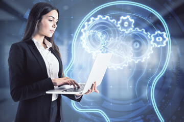 Aufkleber - Woman working with laptop on a virtual gears and human head sketch, artificial intelligence and machine learning concept