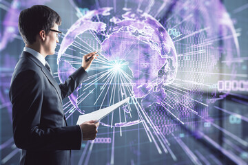 Poster - Businessman working with digital world map hologram, networking and big data concept