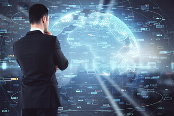 Poster - Businessman thinking on big data illustration background, brainstorming and analysis concept