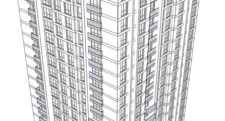 Poster - Abstract 3D illustration of a residence building facade. Close up perspective view from the middle floors.