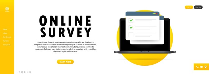 Poster - Online survey illustration. Check list online form on laptop. Report on website or web internet survey, exam checklist. Browser window with check marks. Vector on isolated white background. EPS 10