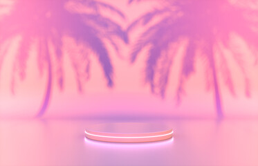 Aufkleber - Beauty fashion podium backdrop with neon light and tropical palm leaves. 3d render. 