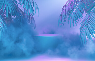 Aufkleber - Beauty fashion podium backdrop with neon light and tropical palm leaves. 3d render. 