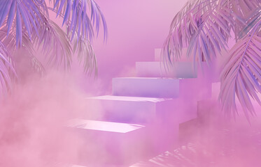Aufkleber - Beauty fashion podium backdrop with neon light and tropical palm leaves. 3d render. 