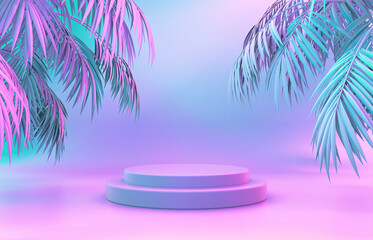 Aufkleber - Beauty fashion podium backdrop with neon light and tropical palm leaves. 3d render. 