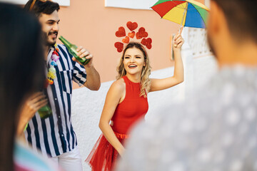 Brazilian Carnival. Group of Brazilian people celebrating the carnival party in the city