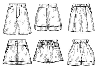 vector, isolated, shorts sketch hand drawn, set