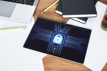 Poster - Modern digital tablet display with creative light lock illustration and microcircuit, cyber security concept. Top view. 3D Rendering