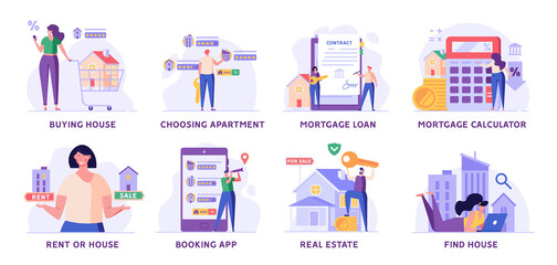 Man Buying House with Key, People Renting Apartment with Online Service, Woman Calculating Mortgage Rates. Concept of Mortgage Loan, Real Estate, Home for Sale. Vector illustration set