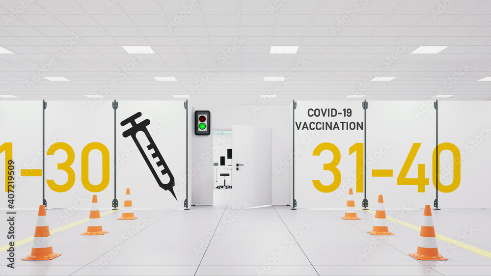 Covid-19 Impfzentrum in Lagerhalle bei Coronavirus Pandemie - obrazy, fototapety, plakaty 