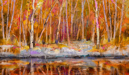 Oil painting colorful autumn trees. Semi abstract image of forest, aspen trees with yellow - red leaf and lake. Autumn, Fall season nature background. Hand Painted Impressionist, outdoor landscape