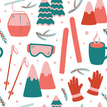 Ski Essentials. Cozy Skiing Illustration Seamless Pattern. Vector. Winter Sports Graphic Design. Skis, Ski Poles, Gloves, Goggles, Hot Chocolate, Pine Trees And Branches, Mountains, And A Ski Lift. 