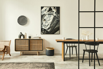 stylish scandinavian living room interior of modern apartment with wooden commode, design table, cha
