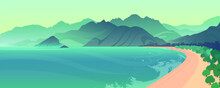 The  Beautiful Panorama Of Sea, Beach And Hills. Sunny Afternoon. Wonderful Springtime Landscape With Lake And  Mountains. Nature Banner For Traveling  Website. Large Background For Game. 