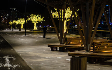 Lighting on trees that are located on  city alley on  black background. Festive lighting of urban spaces.