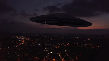 Large Alien spaceship sacuer ufo silhouette over city at sunset,
, Drone view over Jerusalem with Large flying Sacuer Shadow silhouette, visual effect element, invasion sci fi concept
