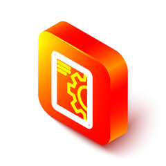 Isometric line Software, web development, programming concept icon isolated on white background. Programming language and program code on screen tablet. Orange square button. Vector.