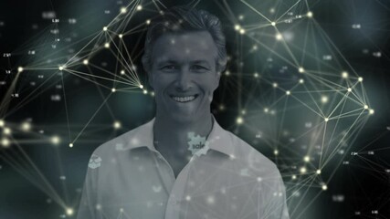 Poster - Animation of portrait of smiling businessman over network of connections with glowing spots